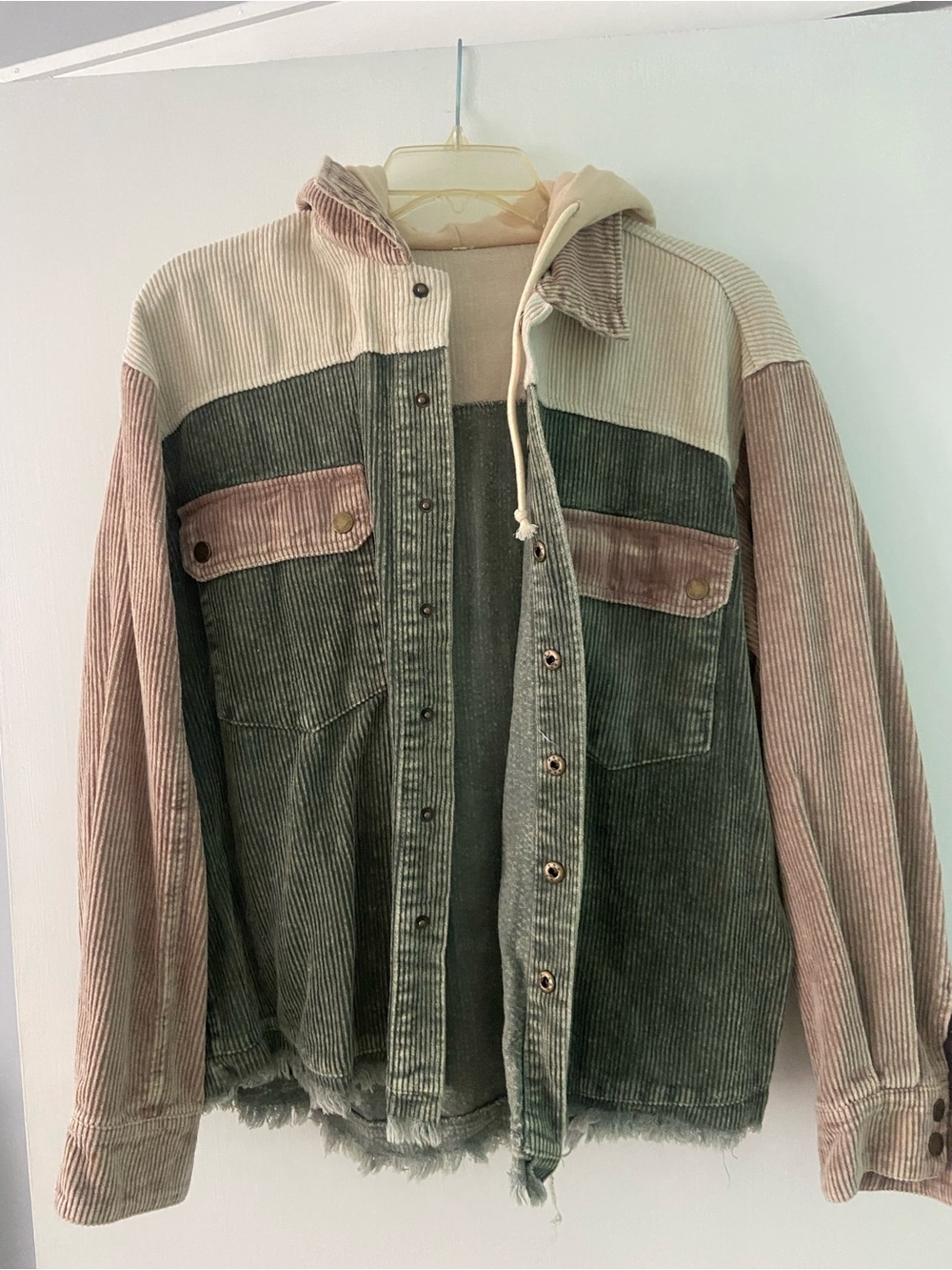 Corduroy Colorblock Jacket - Green & Pink/tan with hood